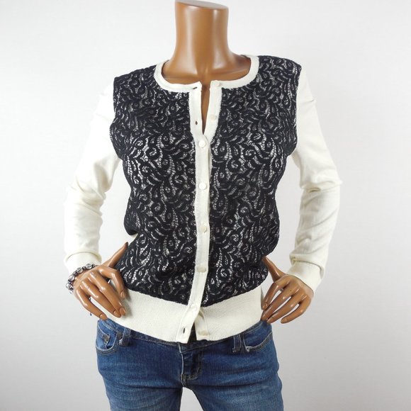 ANN TAYLOR Top M Knit Cardigan Button Down Front Ivory Black Embroidery Lace - Picture 2 of 12